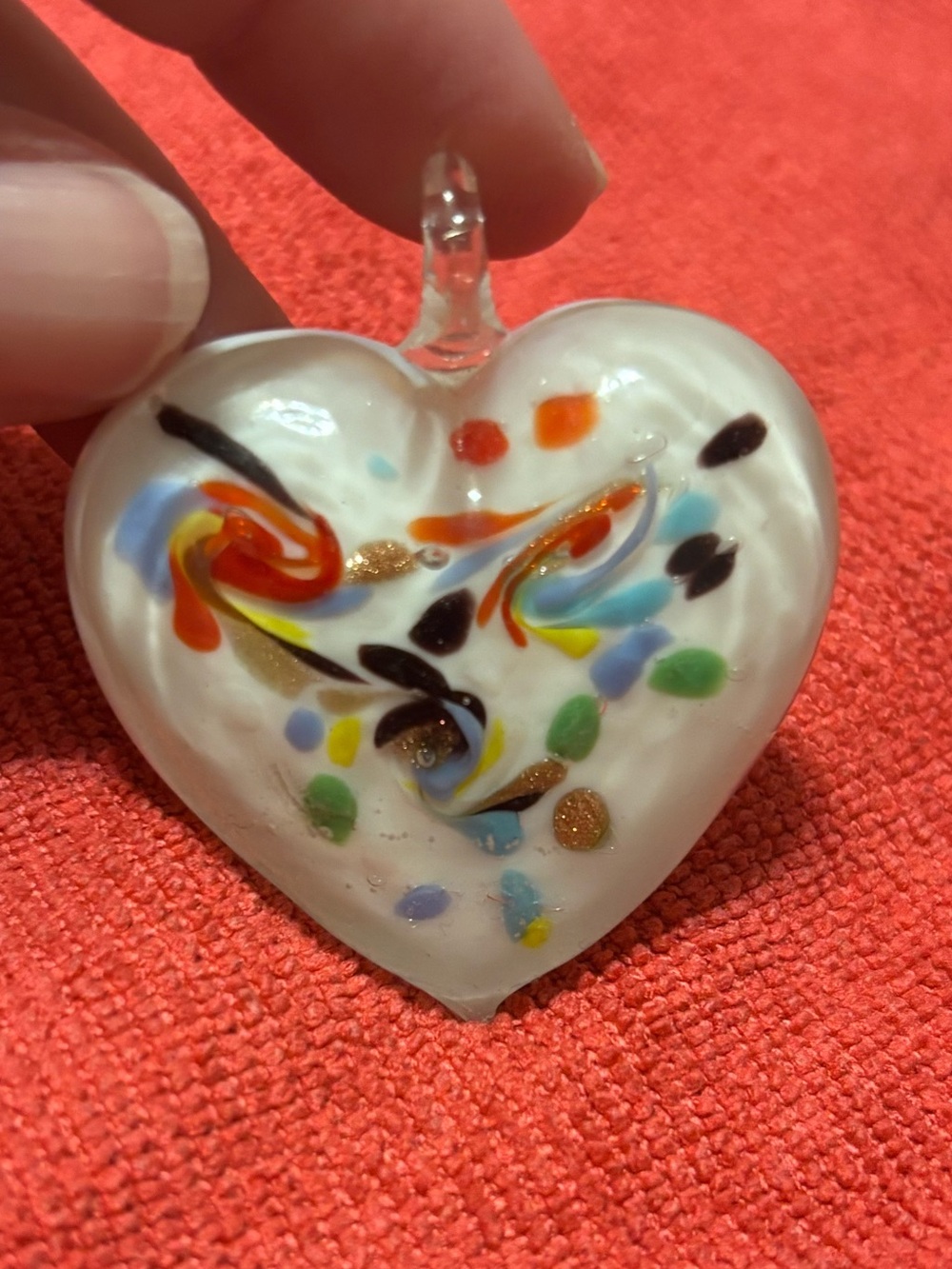 Handmade White Glass Appearance Heart Pendant with Multicolor Accents